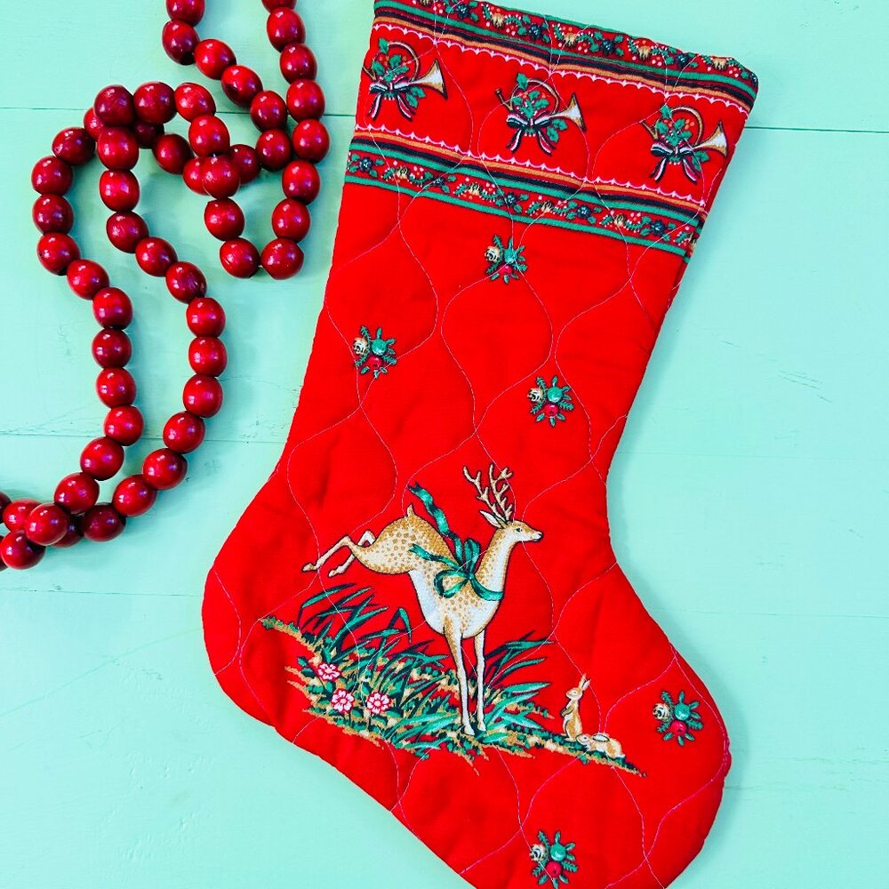 Vintage Quilted Christmas Stocking Deer Woodland Bunny Quail Rustic Holiday Deco